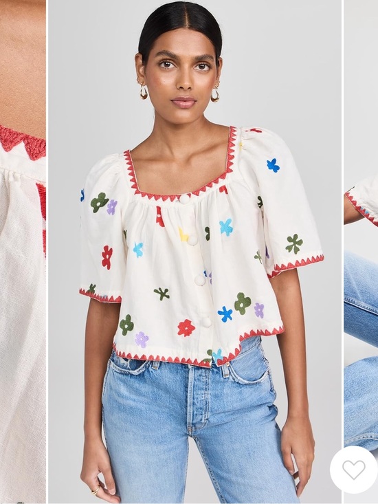 RHODE Tops - RHODE White Cropped Peasant Top with Multicolor Flower Embroidery